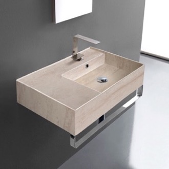 Bathroom Sink Beige Travertine Design Ceramic Wall Mounted Sink With Counter Space, Towel Bar Included Scarabeo 5117-E-TB